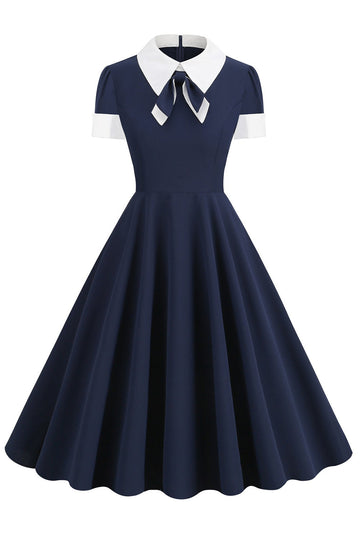 Jewel Neck Navy 1950'erne kjole med Bowknot